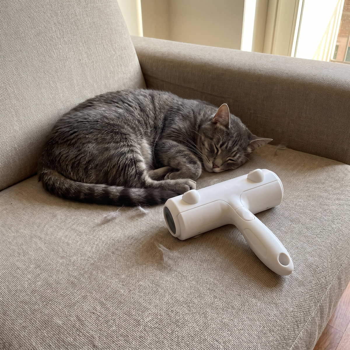 Batuffo appoggiato sul divano accanto a un gatto che dorme